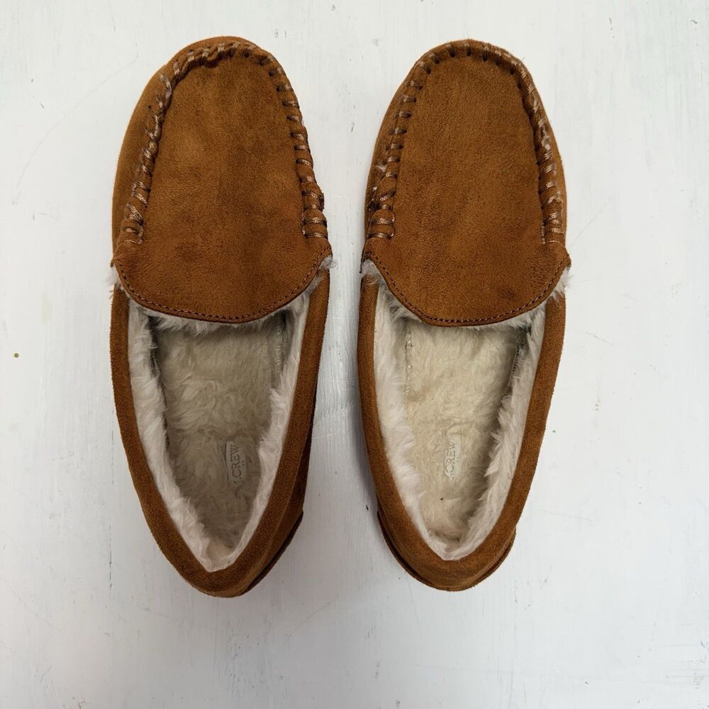 J Crew Suede Scuff Slipper  Caramel Size 5.5 Faux Fur Lining EUC